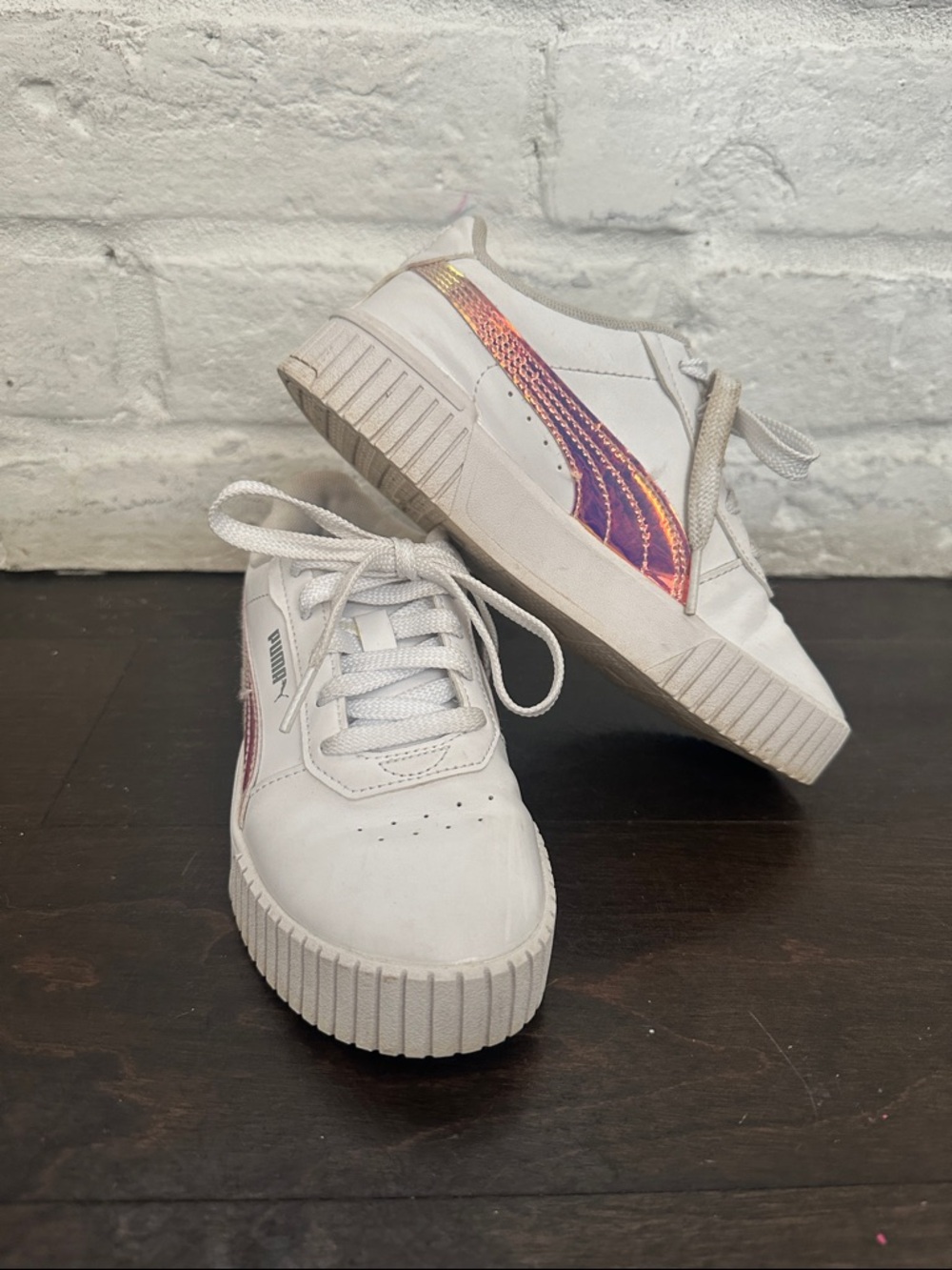 Puma Kids White Sneakers with Iridescent Pink-Gold Formstrip